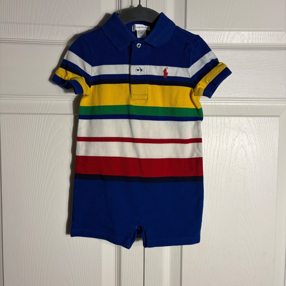 Ralph Lauren Baby Boy Multi Color Striped Polo Romper Blue 18M Short Sleeve